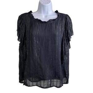Elan Black Moto‎ Boho Blouse Size M Silver Metallic Thread Flowy Ruffled Peasant